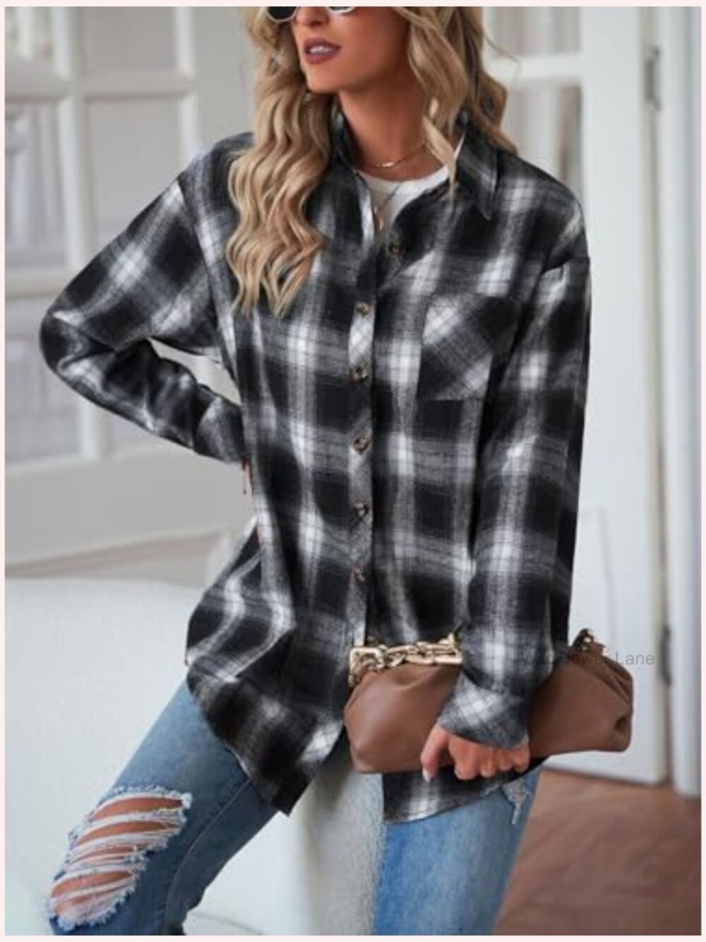 Oversized Plaid Button Down Flannel Shacket Long Sleeve Casual Blouse Top - Picture 3 of 7